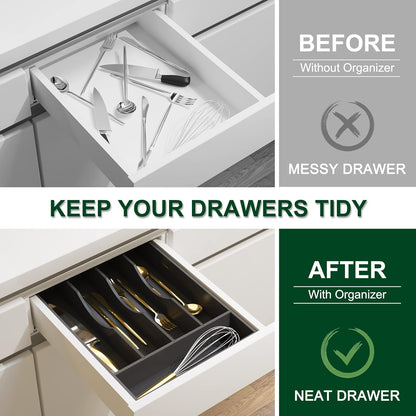 Bellsal Natural Utensil Organizer 12.5 Inch Silverware Organizer for Drawer Utensil Holder Cutlery Organizer Kitchen Drawer Organizer 7 Compartment Small Narrow Bamboo
