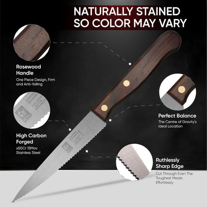 ICEL 4-Inch Serrated Paring Knife, Brown Rosewood Handle, Full tang Blade