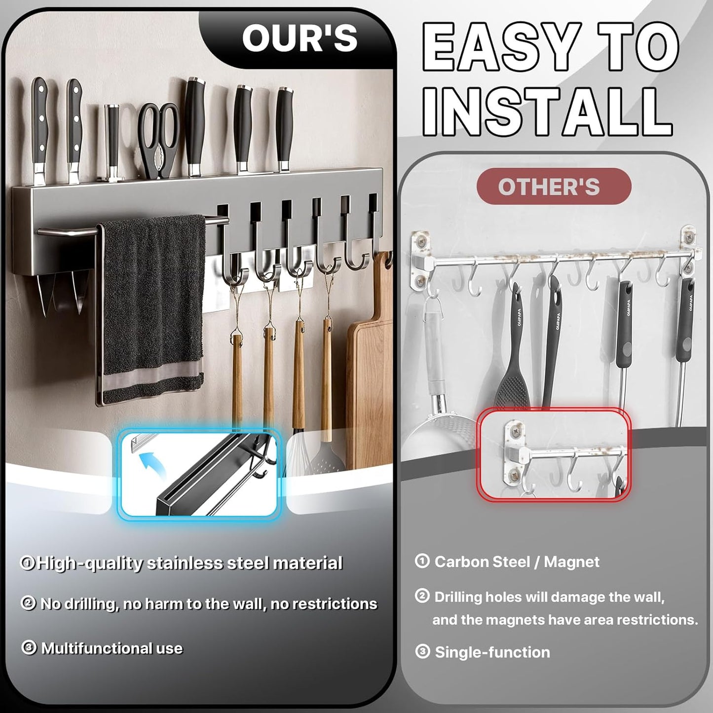 No Drill Wall Mounted Knife Block & Holder with 6 Removable Hooks, Multipurpose Kitchen Storage Organizer Rack for Knives, Utensils, Towels - Space-Saving Design for Home & Kitchen, Gray
