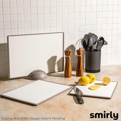 SMIRLY Plastic Cutting Board Set with Holder 3 Pieces, Non-Slip Dishwasher Safe Chopping Boards for Kitchen, Black & White