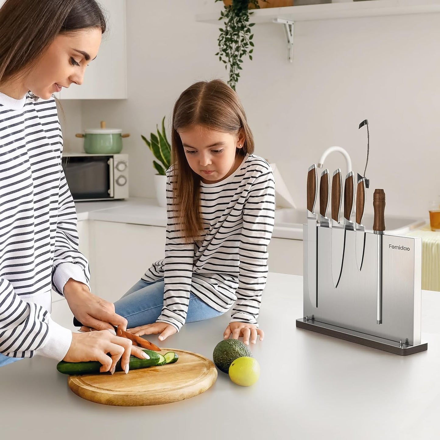 Magnetic Knife Block Stand Without Knives Double Sided Magnetic Knife Holder Rack for Kitchen Counter Stainless Steel Knife Magnetic Strip Display Stand Storage Organizer with Wood Base