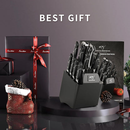 18 Pieces Damascus Kitchen Knife Set, 8 Piece Steak Knives, Non-slip ABS Ergonomic Triple Rivet Handle for Meat Fork, Knife Sharpener and Shears, 17 Slots Fraxinus Manchuria Knife Block (Grey)
