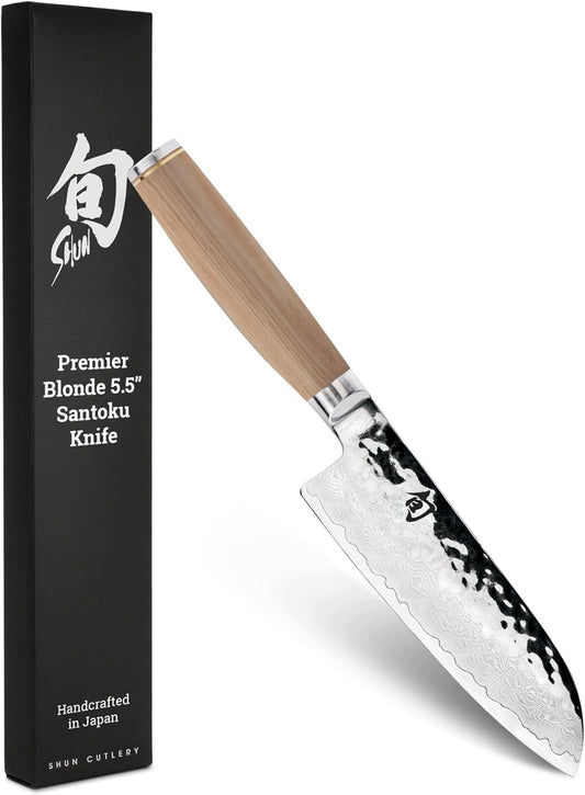 Shun Premier 5.5" Santoku Knife, Handcrafted and Hand-Sharpened Japanese All Purpose Knife, VG-MAX Core with Damascus Stainless Steel Cladding, Pakkawood Handle, Versatile Japanese Cutting Tool