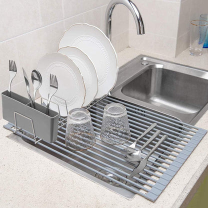 SANNO Dish Rack Utensil Holder, Hanging Cutlery Drainer Caddy with Hooks, 2 Compartment Flatware Organizer for Forks, Spoons, Knives, Fits Over Most Dish Drying Racks, Black