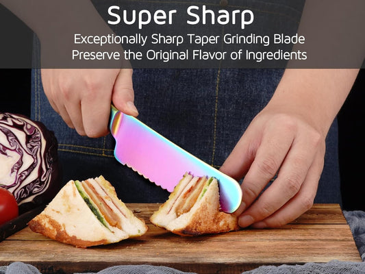 WELLSTAR Sandwich Knife, 6 inch Serrated Utility Knife High Carbon Stainless Steel Blade for Bread Vegetable Meat Cutting, Butter Spreader Knife - Rainbow