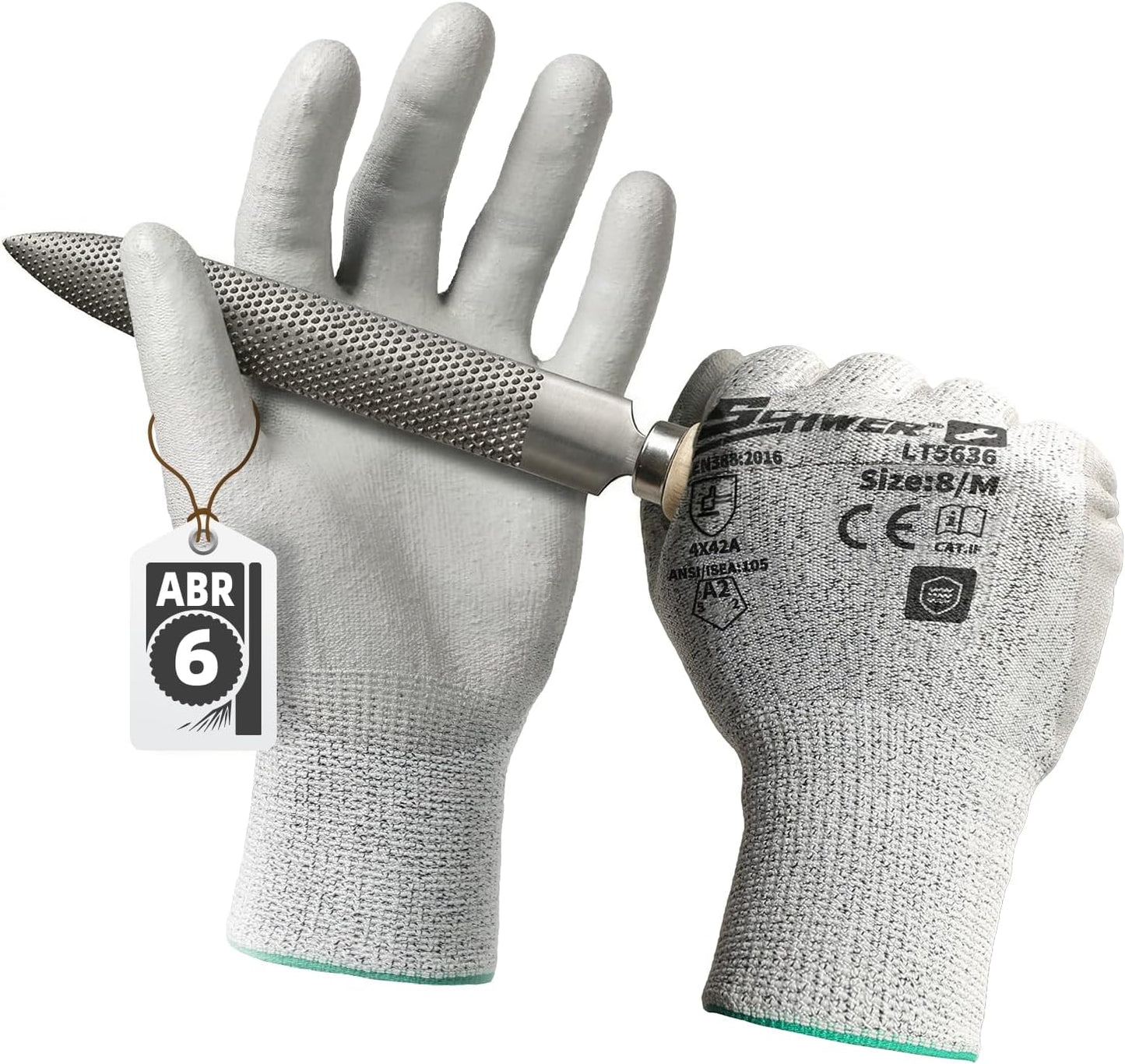 Schwer 6 Pairs ANSI A2 Cut Resistant Work Gloves with Certified Level 6 Ultra Abrasion Resistance, Safety Gloves with Grip for General Use, Construction, Gardening, Mechanic, 3D-Comfort, LT5636, L