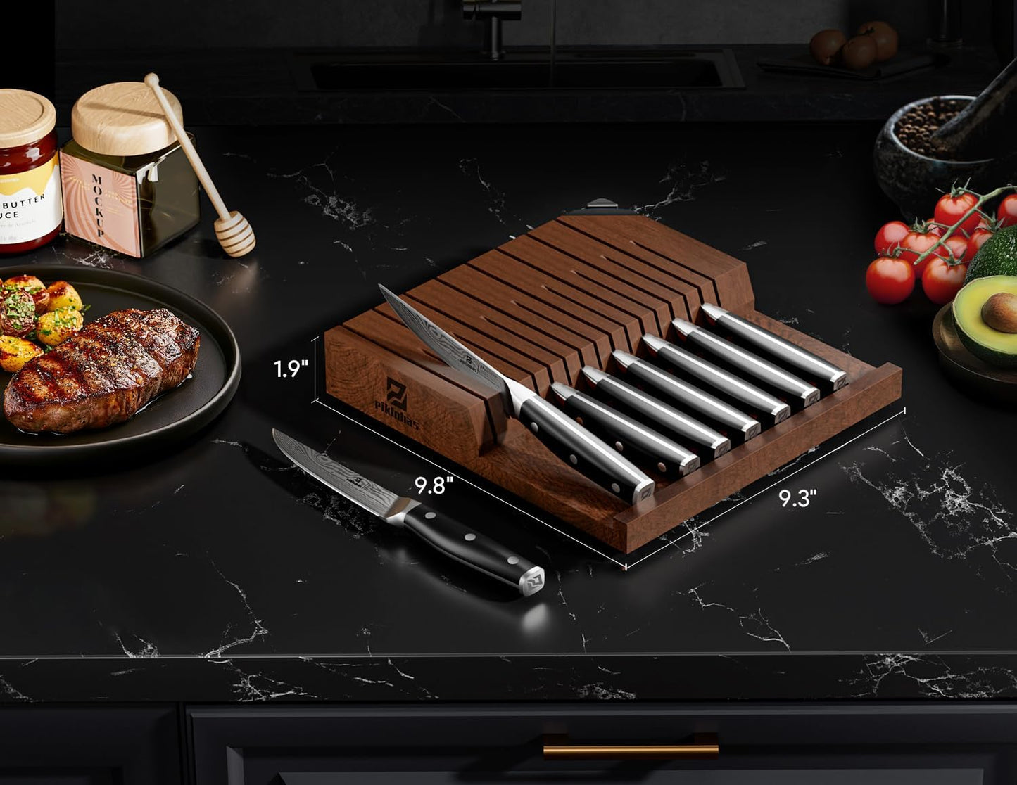 Piklohas Steak Knives Set of 8 with Drawer Organizer Built-in Sharpener, 4.6 Inch Non Serrated Dinner Knife, Forged German Steel Damascus Pattern Straight Edge Meat Knife with Full Tang Handle, Black