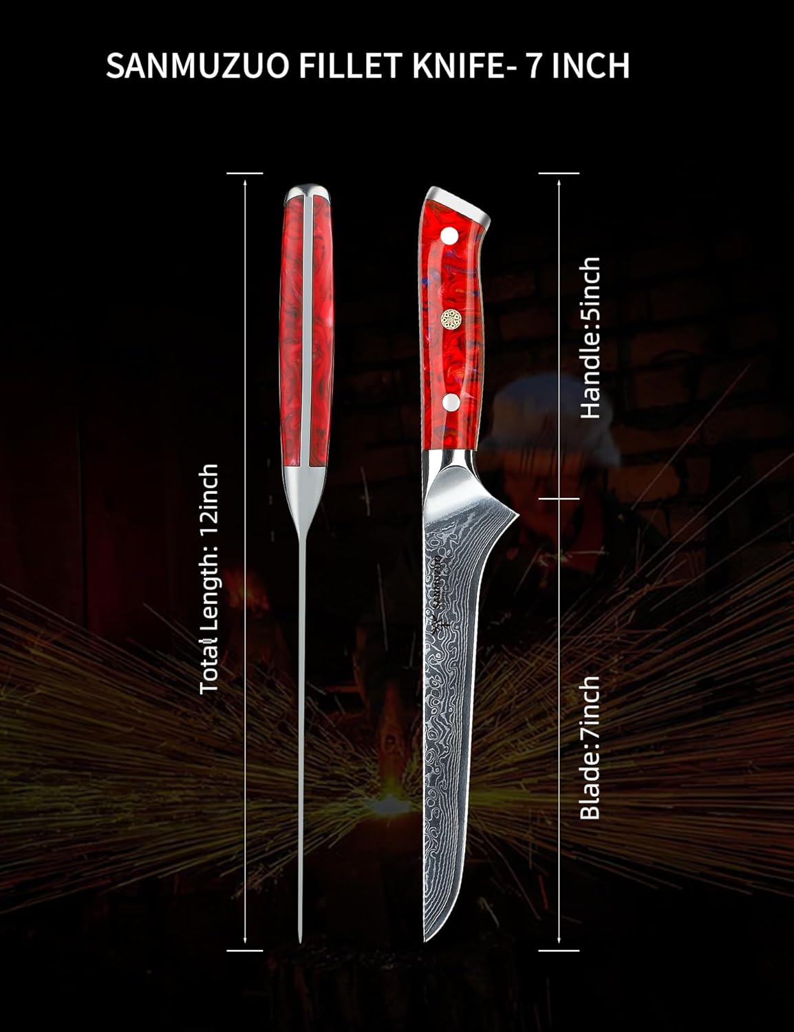 7 inch Fillet Knife, VG10 Damascus Steel Fish Boning Knife with Resin Handle - Xuan Series (Sunset Red)