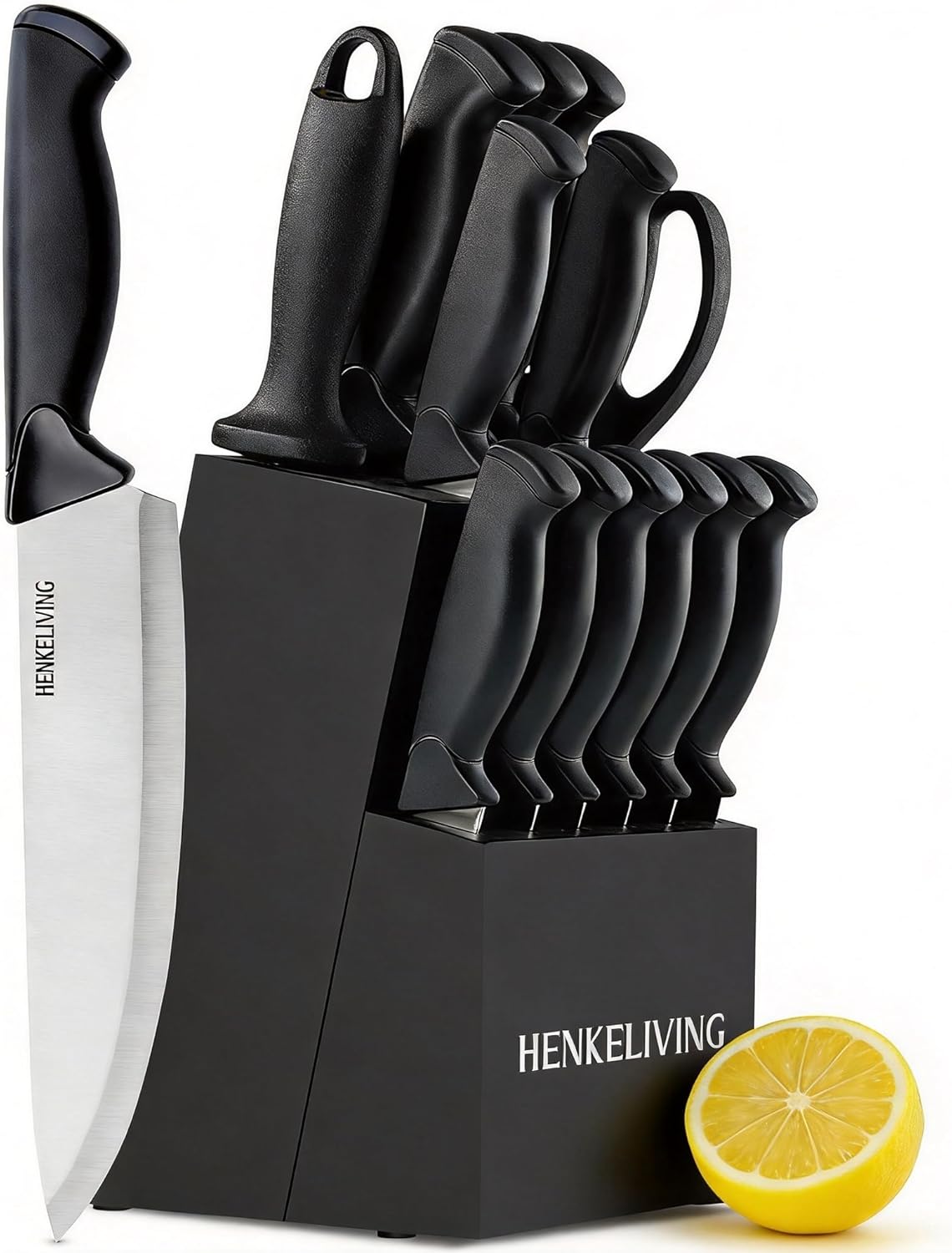 Knife Set, 14-Piece Black Dishwasher Safe Kitchen Knife Block Set with Built-In Sharpener, German High Carbon Stainless Steel Blades, Ultra Sharp Knives with Ergonomic Non-Slip Handles