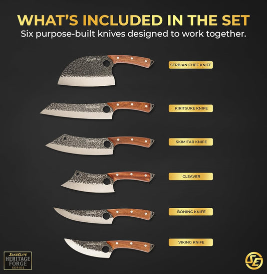 Heritage Forge 6 Piece Knife Set Serbian Knife Viking Knife Cleaver Boning Scimitar Kiritsuke Hand Forged High Carbon Steel Kitchen Butcher Knives for Meat Vegetables and Daily Prep