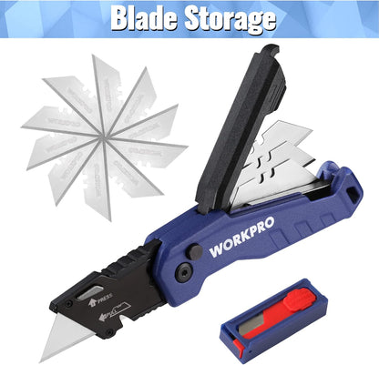 WORKPRO Utility Knife, 2-piece, Folding Box Cutter and Retractable Knife, Light Weight Aluminum Body with Quick- Change Stainless Blade Holder, Extra 20 SK5 Blades Included