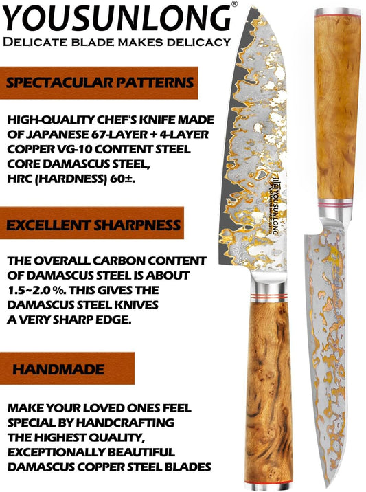 YOUSUNLONG Sakimaru Knife 8" - Japanese Sushi Knife - Handmade Copper Damascus Steel Carving Knives - Ultra Sharp Salmon Knife - Naturel Burl Wooden Handle with Leather