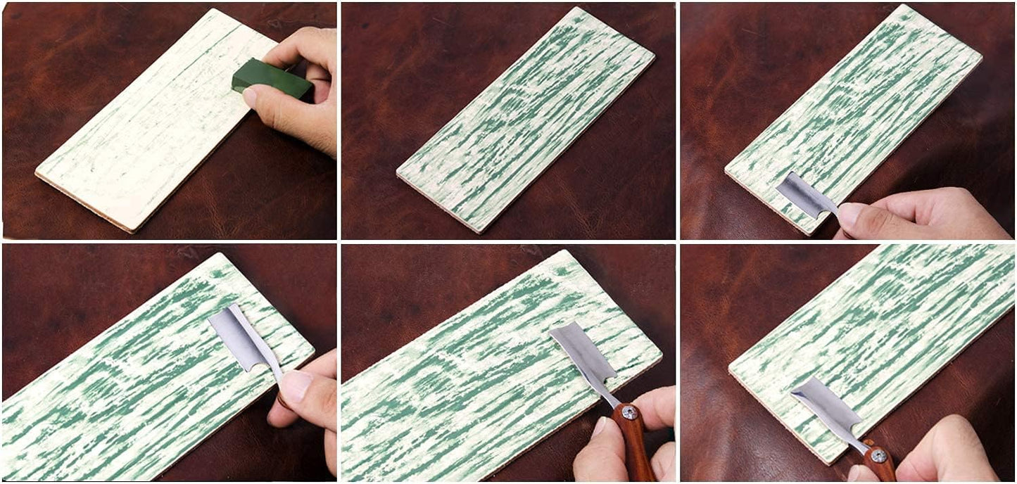 Double side 8" x 3" Leather Strop with Dual-sidedt Tape, Green & White Polishing Compound Kit for Honing & Sharpening Knives, Kitchen & Chef Knives, Straight razor, Wood Carving Chisels