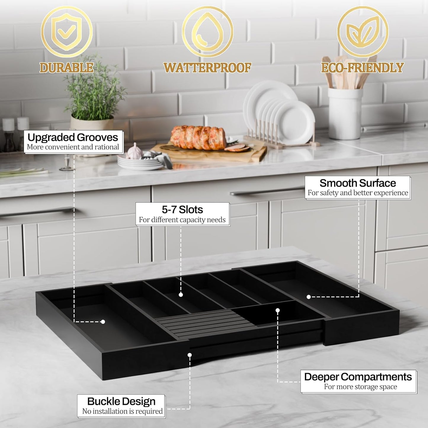 Bamboo Kitchen Silverware Drawer Organizer - Expandable Wood Utensil Holder with Dividers, Luxury Cutlery Storage Tray for Kitchen Utensil and Flatware (5-7 Slots with Removable Knife Block, (White)