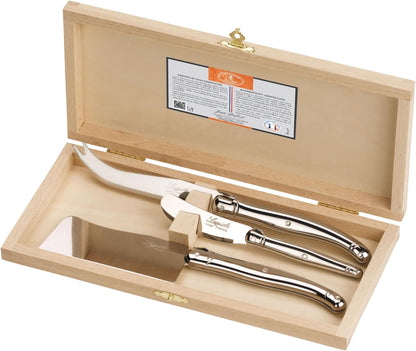Jean Dubost Laguiole 3-Piece Cheese Knife Set, Stainless Steel Handles - Rust-Resistant Stainless Steel - Includes Wooden Box - Made in France