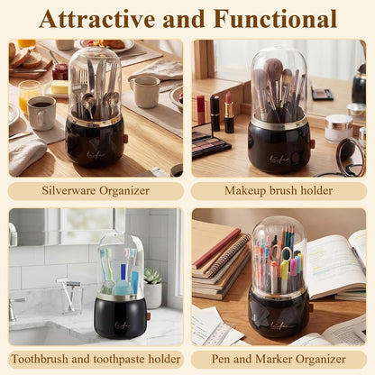 2 Pack 360° Rotating Silverware Organizer, Utensil Holder with Lid for Kitchen Counter Silverware Caddy with Drainage Dustproof Flatware Holder for Cutlery Spoon Fork(Diamond White,3 Slot)