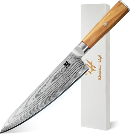 9 Inch Damascus Carving Knife - Brisket Knife 67 Layer VG-10 Steel Core with Olive Wood Handle, 62 HRC Precision Sharp Professional Kitchen Knife for Meat Slicing and BBQ, Gift Box Included