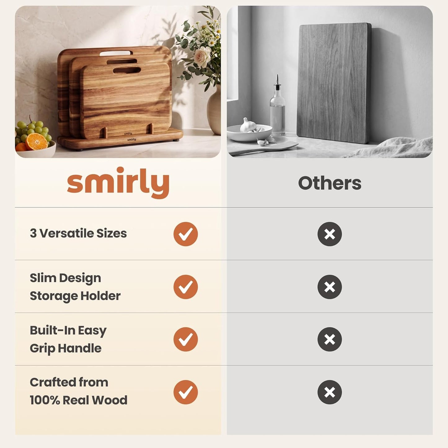 SMIRLY Wooden Cutting Boards for Kitchen, Double-Sided Cutting Board with Handle, Heavy Duty Solid Acacia Wood Cutting Board Set with Stand, 3 Pcs Cutting Boards Non Toxic for Meat Vegetable Fruit