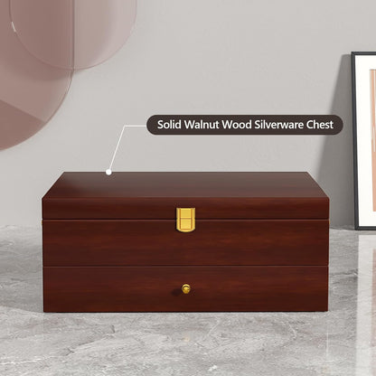 Solid Walnut Silverware Storage Box, 2-Layer Silverware Chest with Drawer, Flatware Case with Lid and Felt Lined, Wood Flatware Storage Box Holds 12-16 Sets of Utensils, Wedding Housewarming Gifts