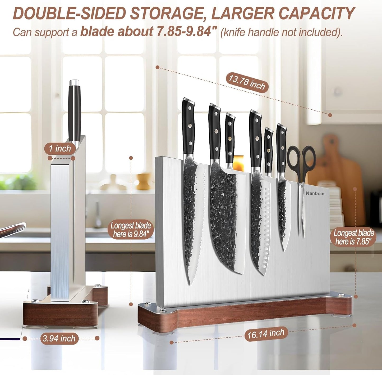Magnetic Knife Block Stand Without Knives Double Sided Magnetic Knife Holder Rack for Kitchen Counter Stainless Steel Knife Magnetic Strip Display Stand Storage Organizer with Wood Base