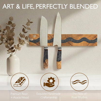 Magnetic Knife Holder, 15.7 Inch Walnut Wood and Resin Magnetic Knife Bar for Wall, Heavy Duty Magnet Holds 8 Knives, Handcrafted Ocean Blue (Ocean's Embrace)