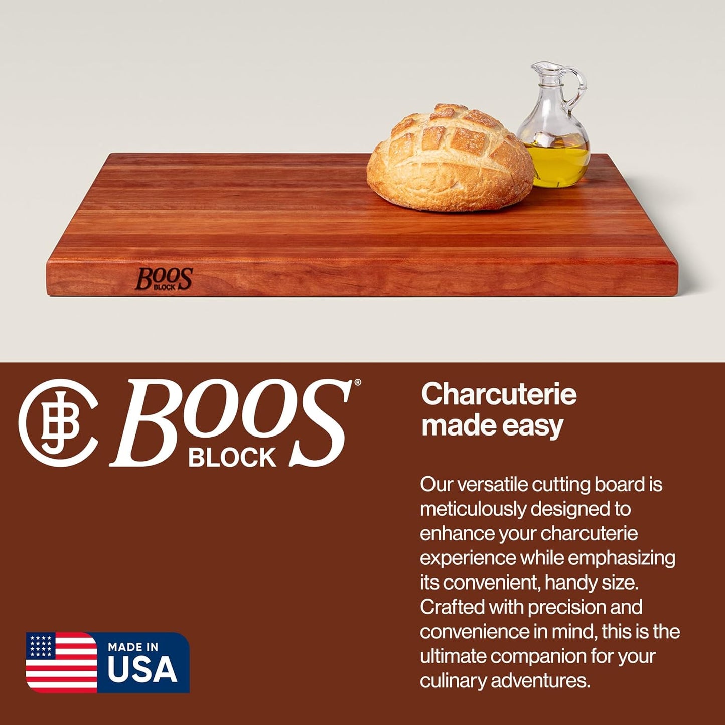 John Boos R-Board Series Rectangular Wooden Maple Cutting Board 20”x15” – 1.5” Thick, 12-lb Reversible Butcher Block with Edge-Grain & Finger Grips – Made in the USA
