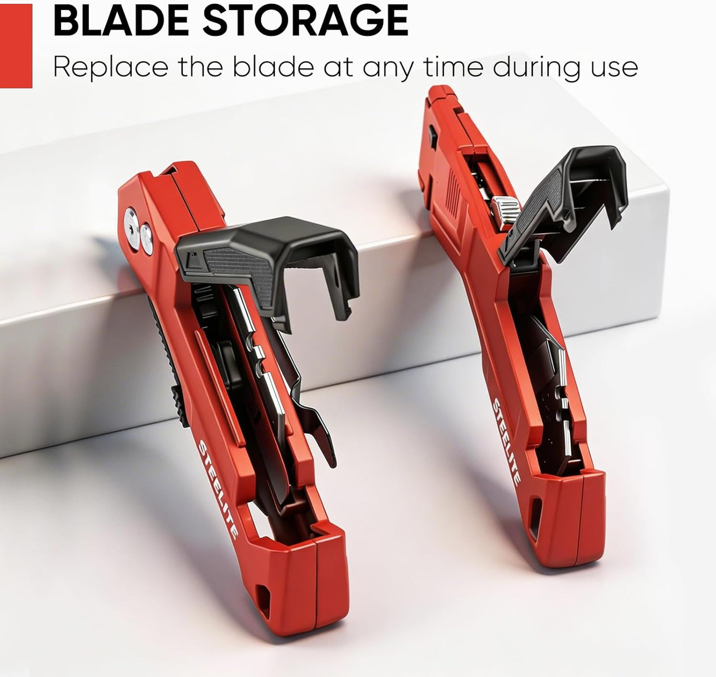 STEELITE Utility Knife Set 2PCS, Box Cutter Heavy Duty Metal, Quick Open Botton Lock Razor Knife for Cartons, Rapes, Leather and Cardboard, Blades Storage Design with 16 Extra Blade, Red
