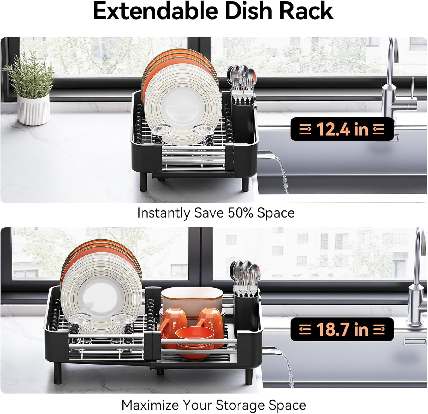 Urackify Stainless Steel Dish Drying Rack - Dish Drainer for Kitchen Counter, Extendable Drainboard with Foldable, Space-Saving Cup & Bowl Organizer, Includes Knife and Utensil Holder, Matte-Green