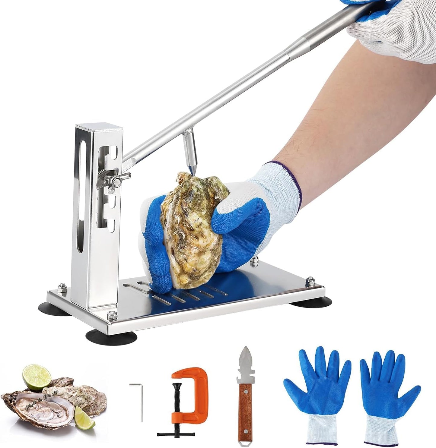 Oyster Opener Machine, Stainless Steel Oyster Shucker Tool with 5 Adjustable Heights, Oyster Clam Opener Tool Set Including Knife, Glove & G-Clip, Shucking Tool Kit for Hotel Buffet and Home
