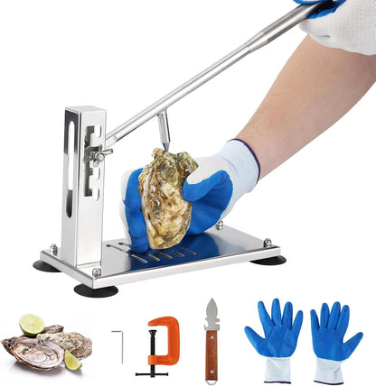 Oyster Opener Machine, Stainless Steel Oyster Shucker Tool with 5 Adjustable Heights, Oyster Clam Opener Tool Set Including Knife, Glove & G-Clip, Shucking Tool Kit for Hotel Buffet and Home