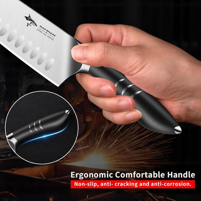 MAD SHARK 8 Inch Santoku Knife - Ultra Sharp Japanese Kitchen Knife with High Carbon German Steel, Ergonomic Handle, Ideal for Slicing, Dicing, Cutting - Unique Gift for Chefs, Men & Women (Black)