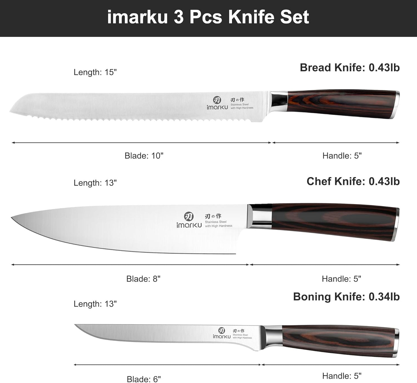 imarku 3 Pieces Knife set, Japanese HC Stainless Steel Kitchen Knife Set, Professional Chef Knife Set With Ergonomic Pakkawood Handle, Ultra Sharp Knives Set for Kitchen & Home Cooking, Gifts Box