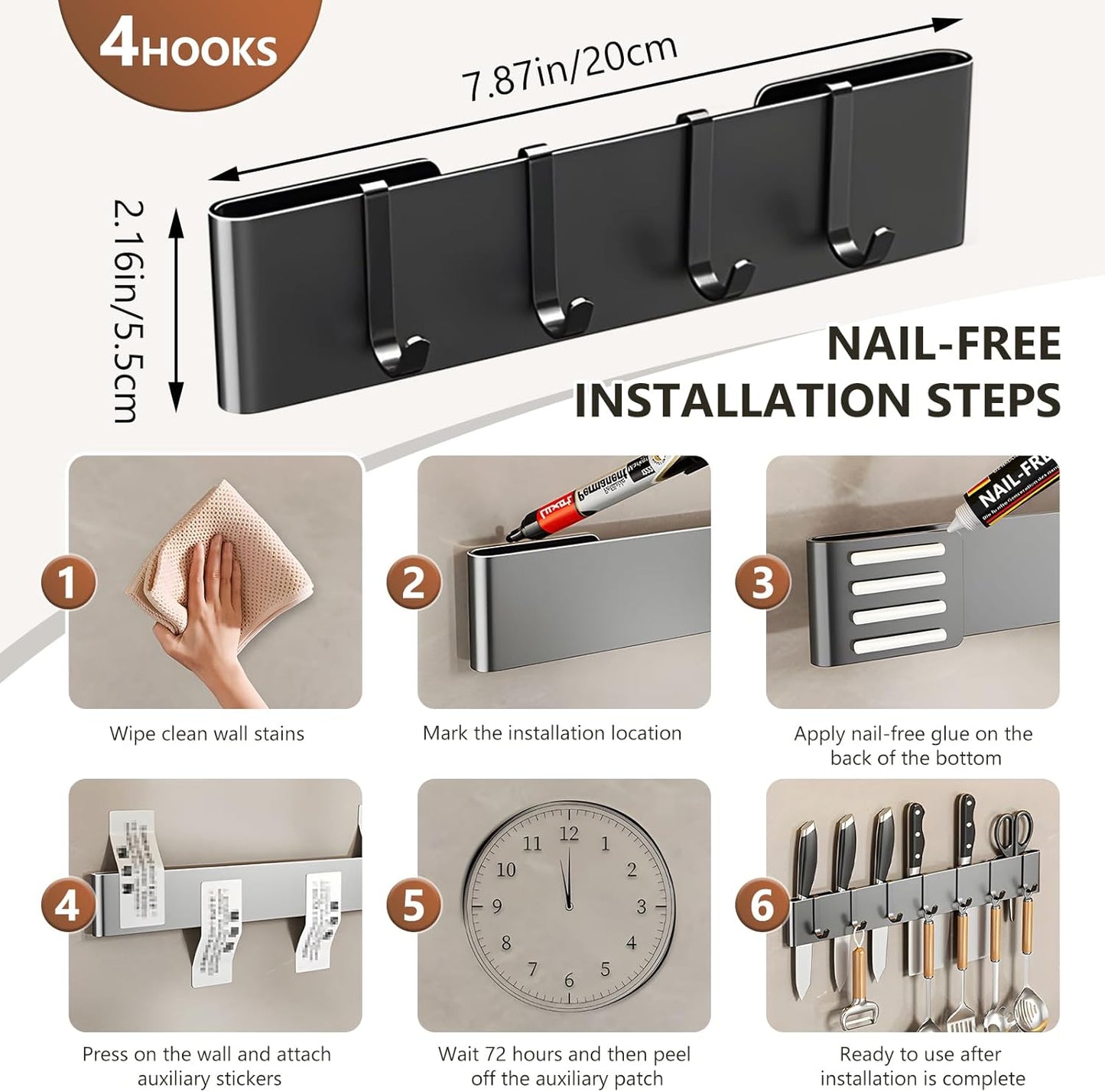 Knife Holder for Wall Mount-Knife Strips with Hooks Stainless Steel Wall Knife Rack-Knife Block-Knife Rack-Utensil Hanger-Kitchen Utensil Holder (Black, 50 CM+9 Hooks)