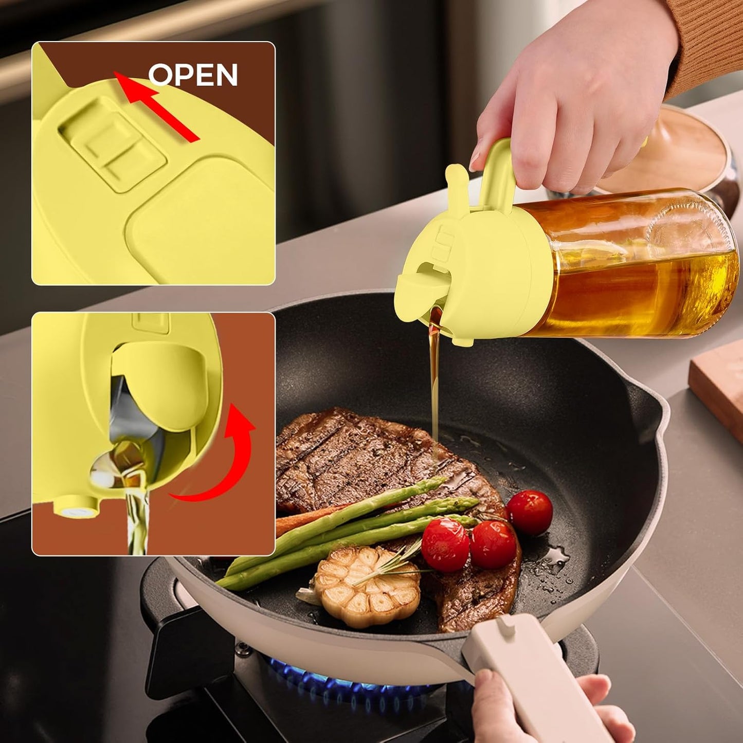 YARRAMATE 16oz/470ml Glass Olive Oil Sprayer for Cooking with Stickers, 2 in 1 Oil Dispenser for Kitchen Gadgets, Food Grade Premium Spray Bottle for Salad, Frying, BBQ (Creamy White)