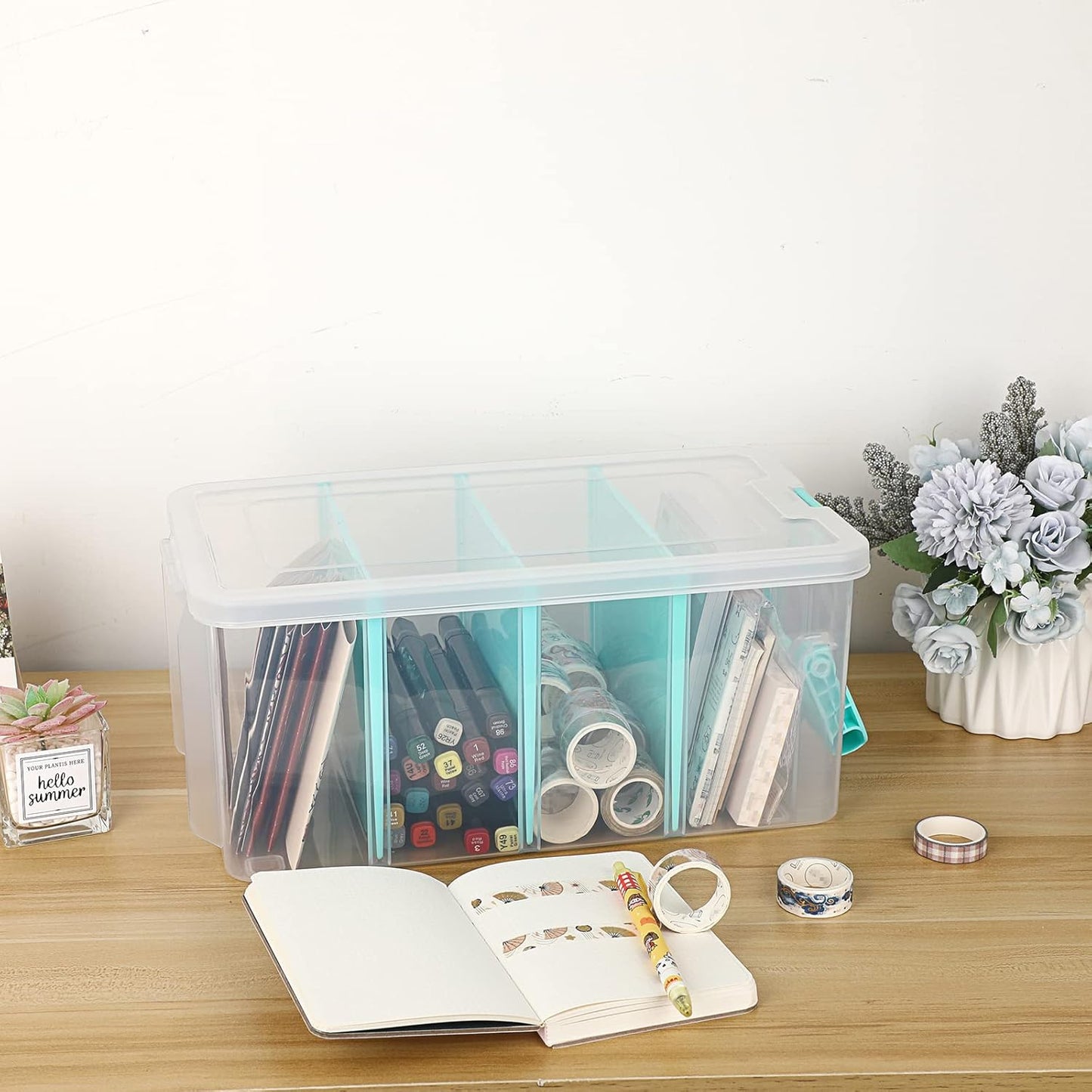 BTSKY Clear Plastic Dividing Storage Box with 4 Compartments Adjustable Storage Bin with Lid Plastic Craft Storage Container Multipurpose Sewing Box Art Supply Organizer, 13.3x8.1x3.4 Inches