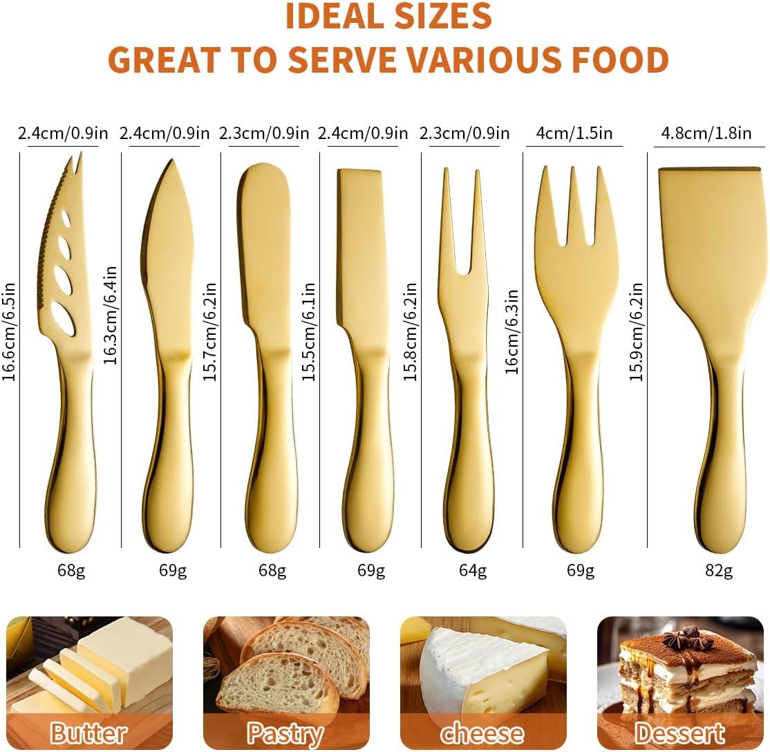 Copper Cheese Knives Set 7 Pieces Stainless Steel Kitchenware Utensils Gadgets 7 Pieces Cheese Knife,Cheese Spreader,Cheese Forks,Cheese Slicer,Cheese Cutter,Butter Knife