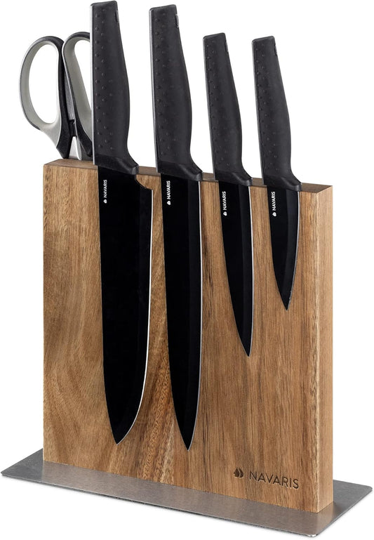 Navaris Magnetic Knife Block - Kitchen Storage with Strong Magnets for Knives & Utensils - Simple Modern Magnet Utensil Holder in Bamboo - 8.9" x 8.7"