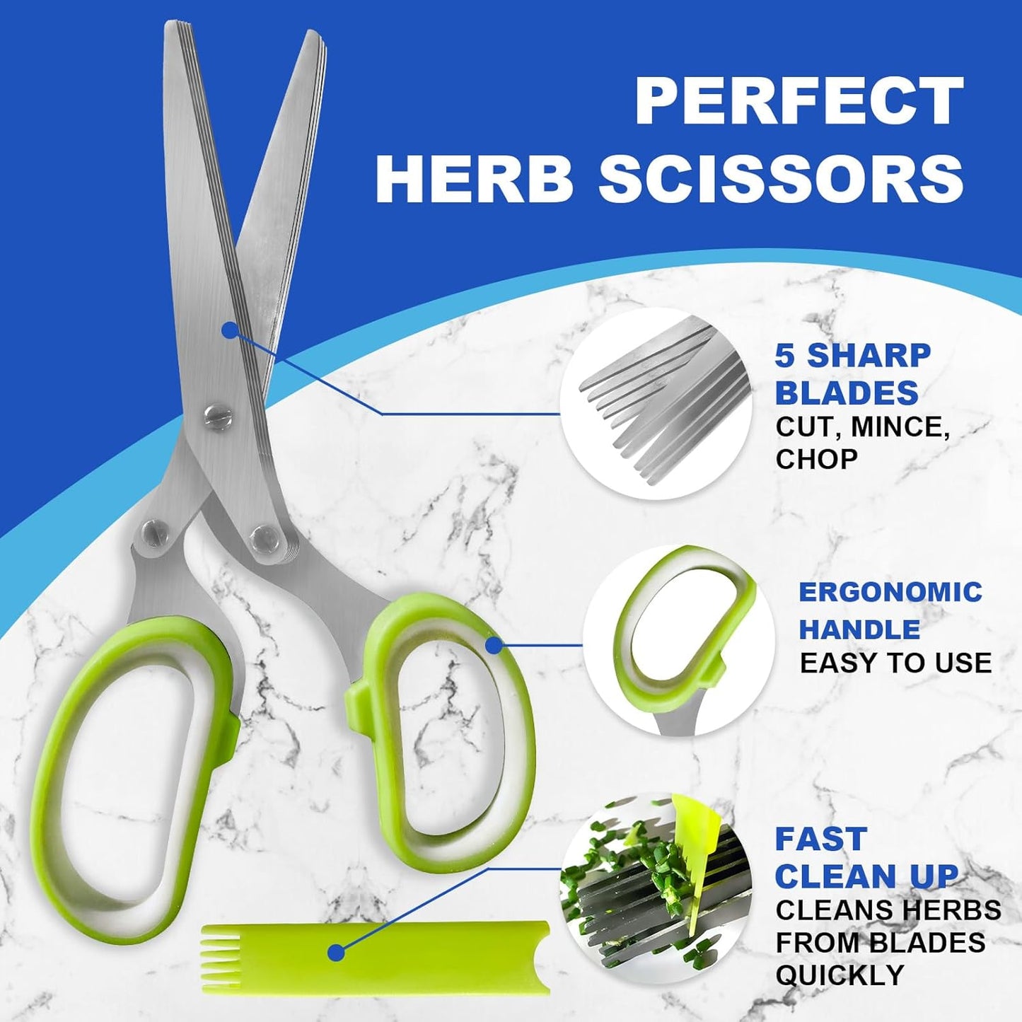 Herb Scissors, Shallot Scissors, Multipurpose 5 Blade Kitchen Herb Shears, Herb Cutter with Safety Cover and Cleaning Comb for Chopping Shallot Basil Chive Parsley