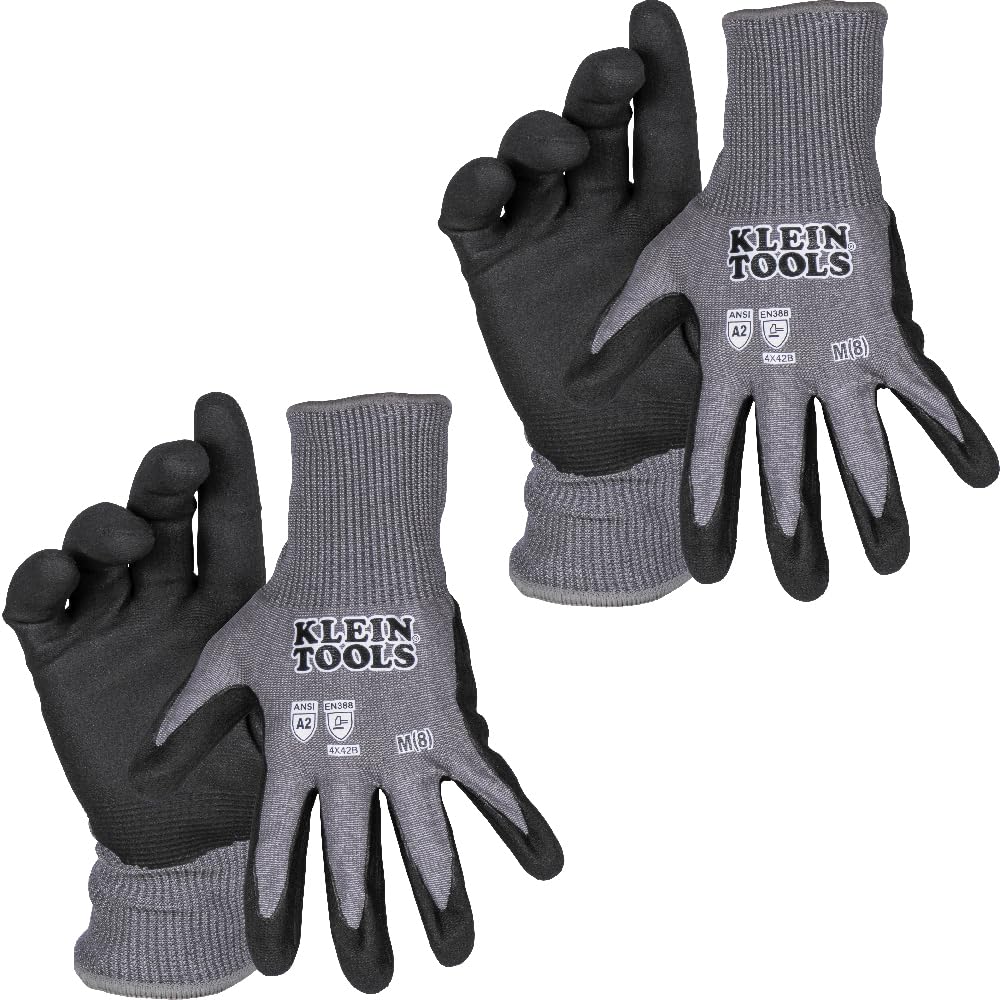 KLEIN TOOLS 60585 Work Gloves, Knit Dipped Cut Resistant ANSI A2 Nitrile Coated Gloves, HPPE Fabric, Touchscreen Capable, Large, 2-Pair