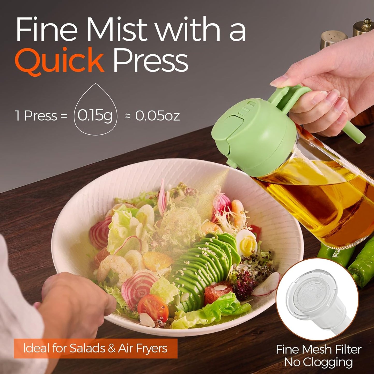 YARRAMATE 16oz/470ml Glass Olive Oil Sprayer for Cooking with Stickers, 2 in 1 Oil Dispenser for Kitchen Gadgets, Food Grade Premium Spray Bottle for Salad, Frying, BBQ (Creamy White)