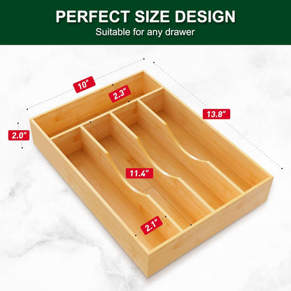 Bellsal Natural Utensil Organizer 12.5 Inch Silverware Organizer for Drawer Utensil Holder Cutlery Organizer Kitchen Drawer Organizer 7 Compartment Small Narrow Bamboo