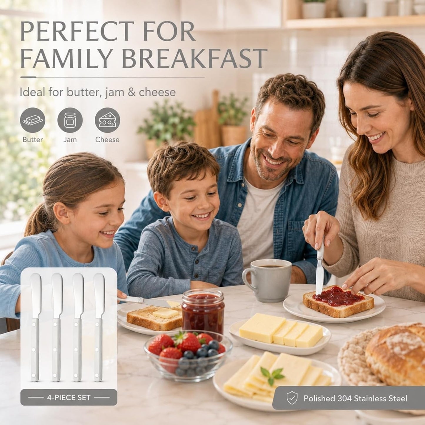 4PCS Stainless Steel Butter Knives Set: 6.3 Inch Cheese Spreader 304 Stainless Steel with Ergonomic Handle for Cheese, Butter & Jam (green)