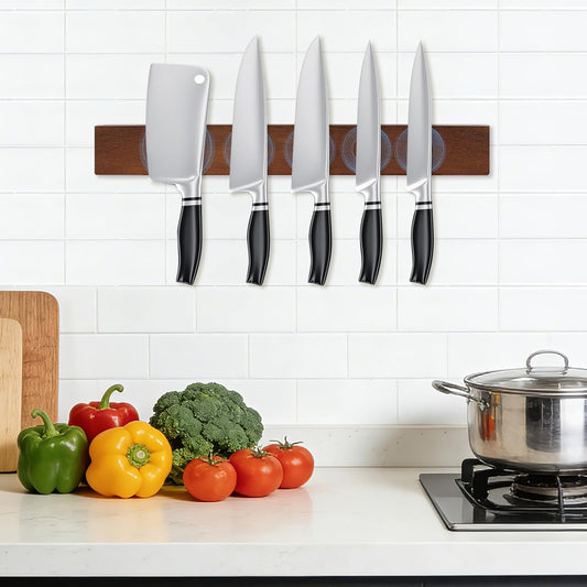 16 Inch Magnetic Knife Strip for Wall, Wooden Knife Holder With Strong Magnetism, Kitchen Utensil Organizer, 2 Installation Methods：Screw Installation & Glue-Free Installation