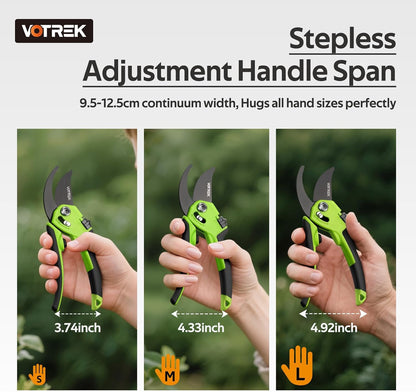 VOTREK® Pruning Shears, [Patented Stepless Handle Opening] - Garden Clippers with Ultra-Sharp SK5 Steel for Weak Hand, Bonsai Scissor Universal Fit for All Hand Sizes, Effortlessly Cut 1-Inch Branches