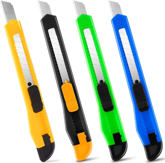4 Pack Box Cutter, 9mm Snap-off Utility Knife, Box Cutter Retractable for Opening Packages Cartons, Box Opener, Disposable Razor Knife Exacto Knife Perfect for Office and Home use