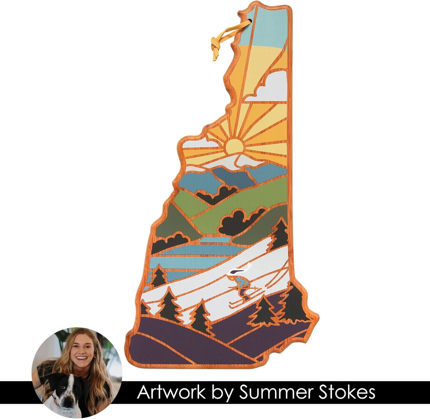 Totally Bamboo North Carolina State Shaped Cutting Board and Charcuterie Serving Platter with Artwork by Summer Stokes, Includes Hang Tie for Wall Display 18" x 8" x 5/8" - Colors B