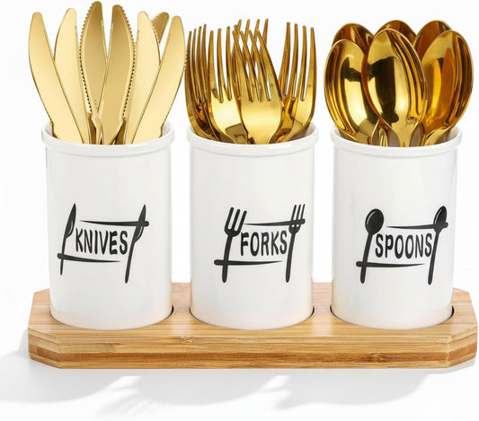 ZENFUN 4 Pc Flatware Silverware Holder with Wood Tray, Ceramic Utensils Holder Silverware Caddy for Kitchen Counter, Cutlery Organizer for Table Countertop Knife Fork and Spoon Holders for Party