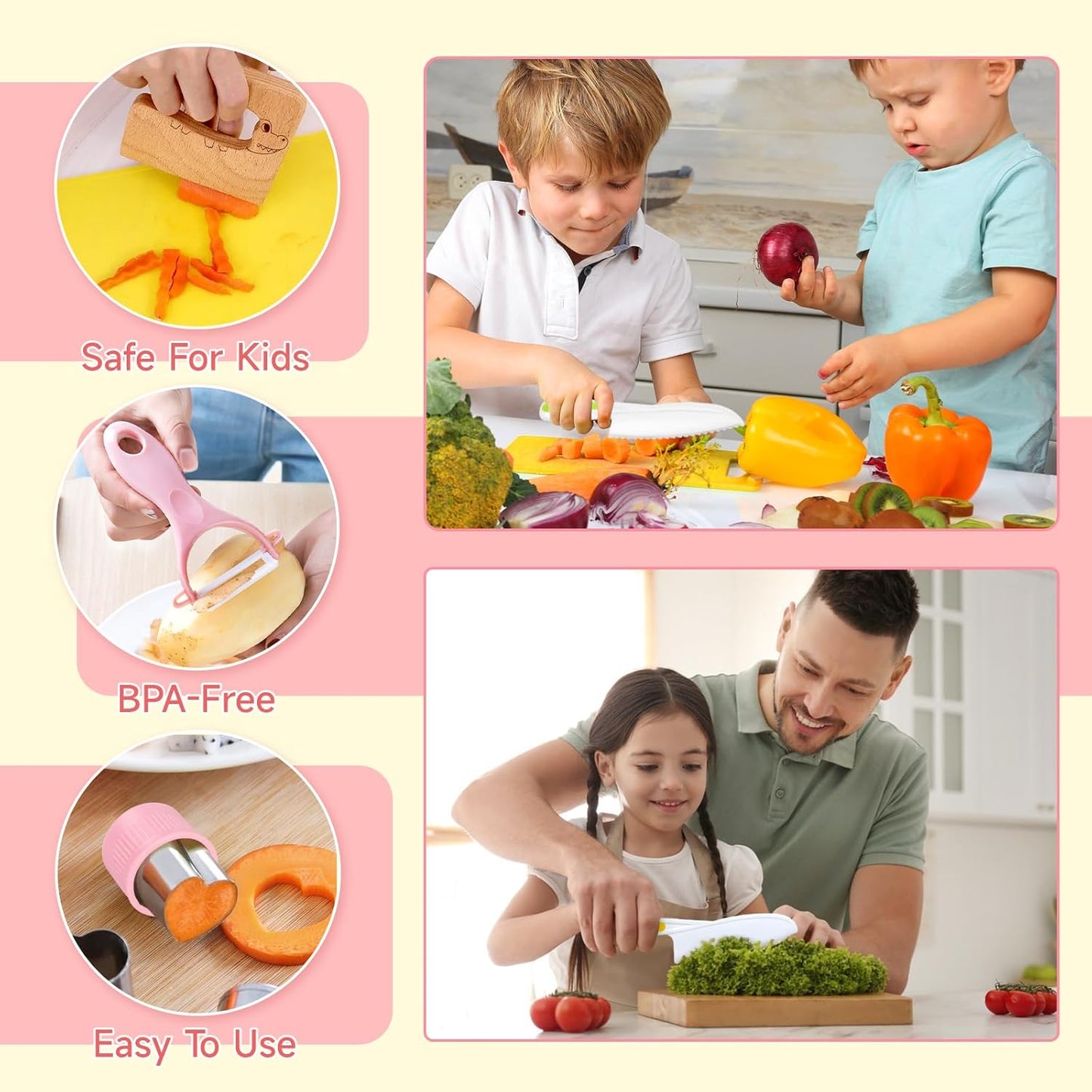 Suhctuptx Toddler Knife Set, Kids Knife Set for Real Cooking, Kid Safe Knives with Cutting Board Crinkle Cutters Montessori Kitchen Toys, Toddler Girl Gifts Age 3 4 5 6 7 8 Year Old