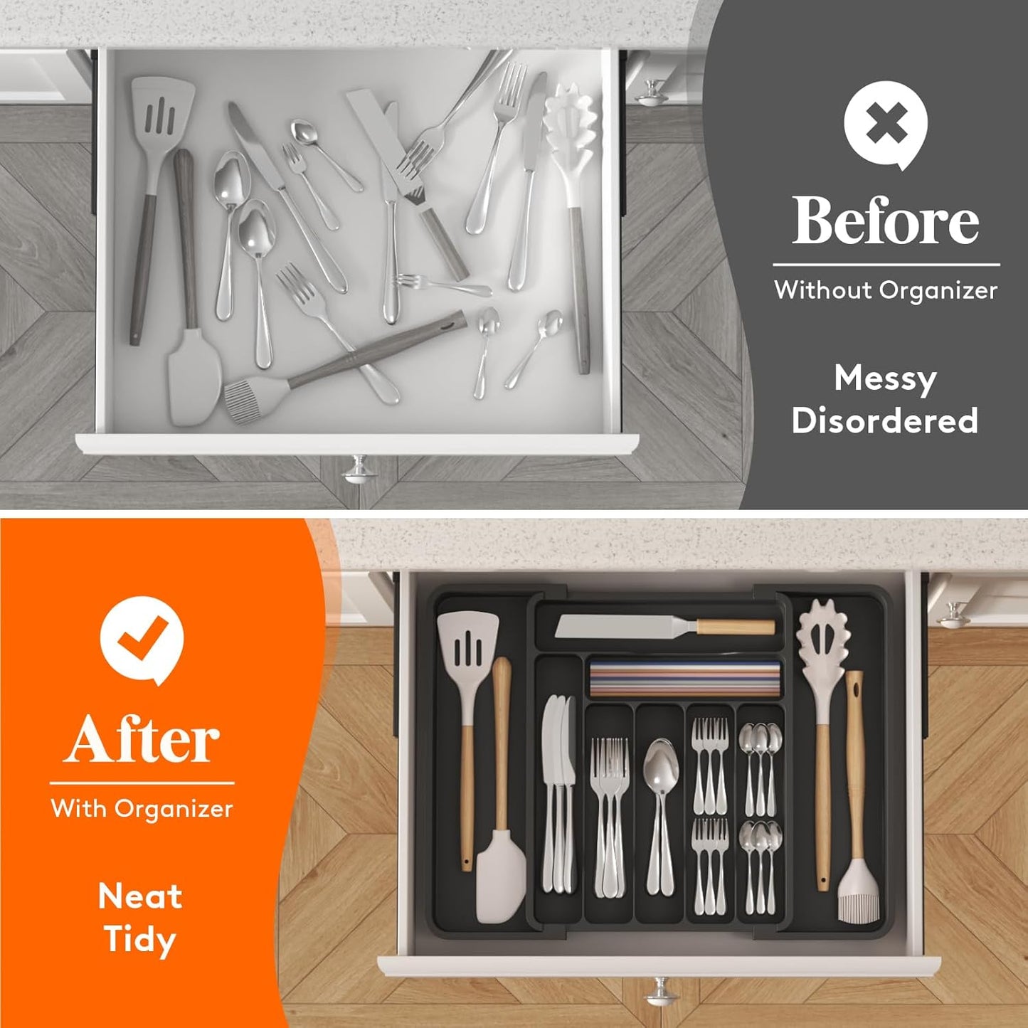 Lifewit Utensil Organizer for Kitchen Drawer, Expandable Cooking Silverware Tray, Adjustable Cutlery Flatware Holder, Plastic Spatula Tools Storage Divider, 14.4 x 15.8", Black