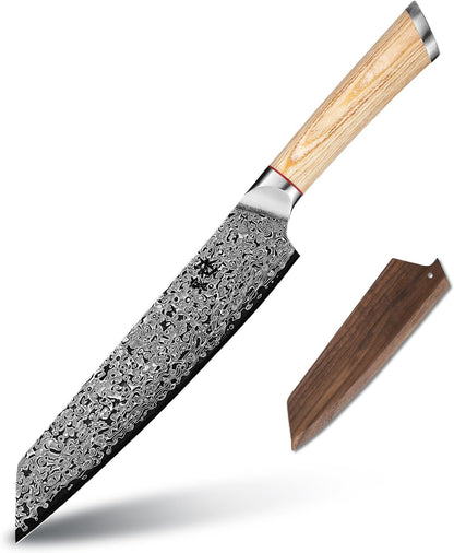 DONGSUN 8 Inch Damascus Chef Knife with North American Black Walnut Sheath, 67-Layer VG10 Forged Steel Japanese Gyuto, Professional Durable Sharpness